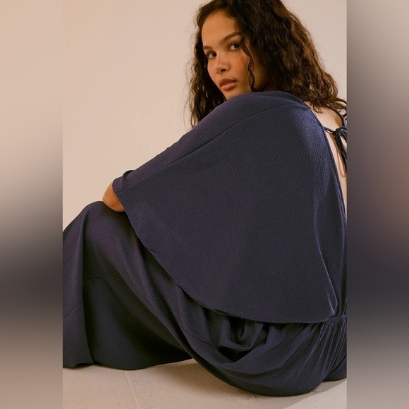 FREE PEOPLE “ Venus One Piece” women’s butterfly sleeve jumpsuit in blue XS nwt - Picture 2 of 13